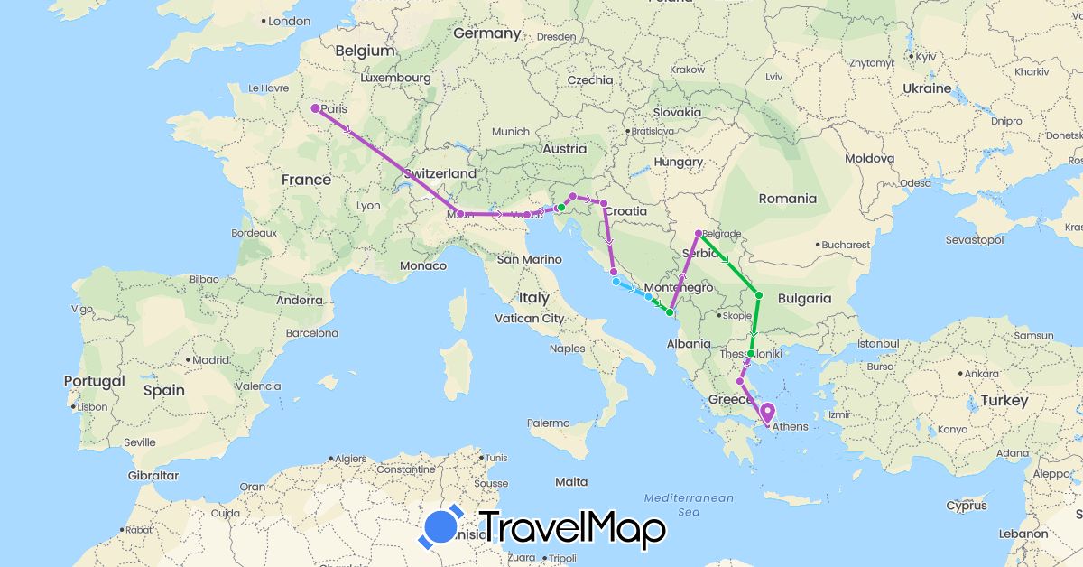 TravelMap itinerary: driving, bus, train, boat in Bulgaria, France, Greece, Croatia, Italy, Montenegro, Serbia, Slovenia (Europe)